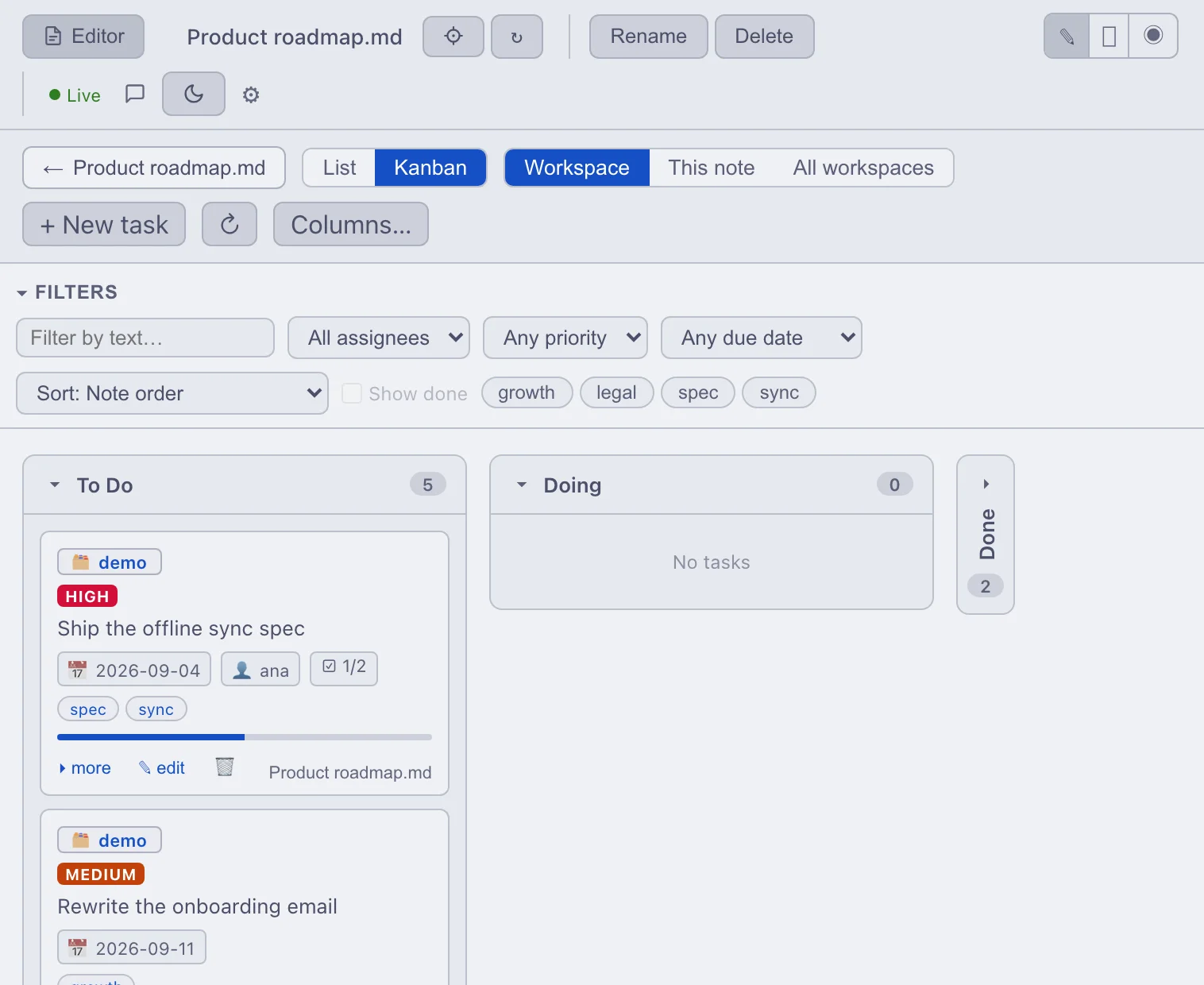 The mdnest kanban board with To Do and Doing columns; cards show priority, due date, assignee, sub-step progress and tags