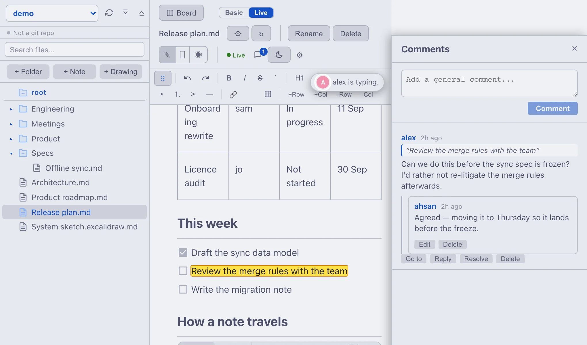 Two people in the same mdnest note: a badge reads “alex is typing”, a highlighted sentence is anchored to a comment thread in the right-hand panel, and a colleague has replied in the thread