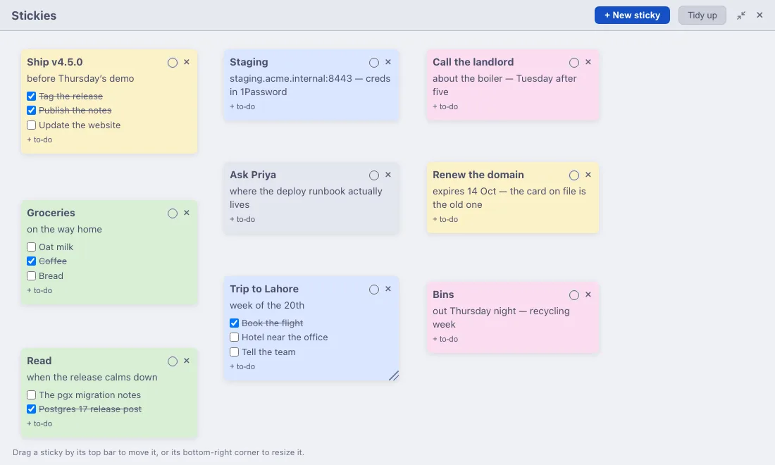 The mdnest sticky board full screen: six coloured cards scattered across a corkboard, one titled “Ship v4.5.0” with two of three checklist items ticked off, others holding a staging URL, a shopping list, a trip checklist and a reminder to call the landlord