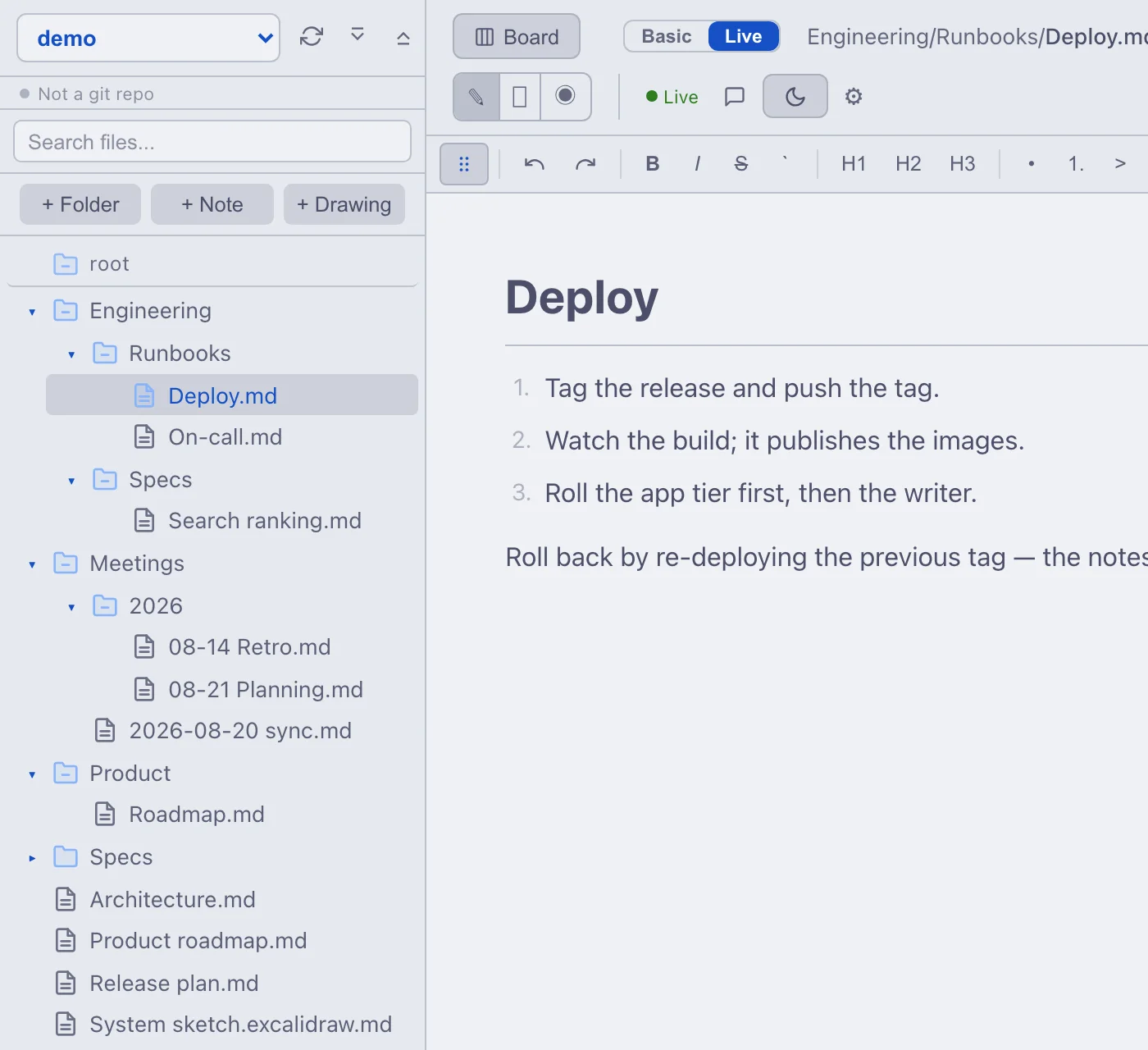The mdnest sidebar: a workspace picker set to demo, and a folder tree nesting Engineering into Runbooks and Specs, Meetings into a 2026 folder of dated notes, and Product, with the open note beside it